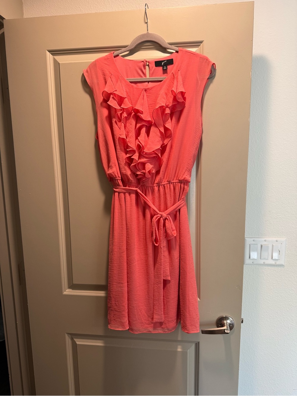 GNW Size 16 Coral Ruffle Front Belted Midi Dress NWOT